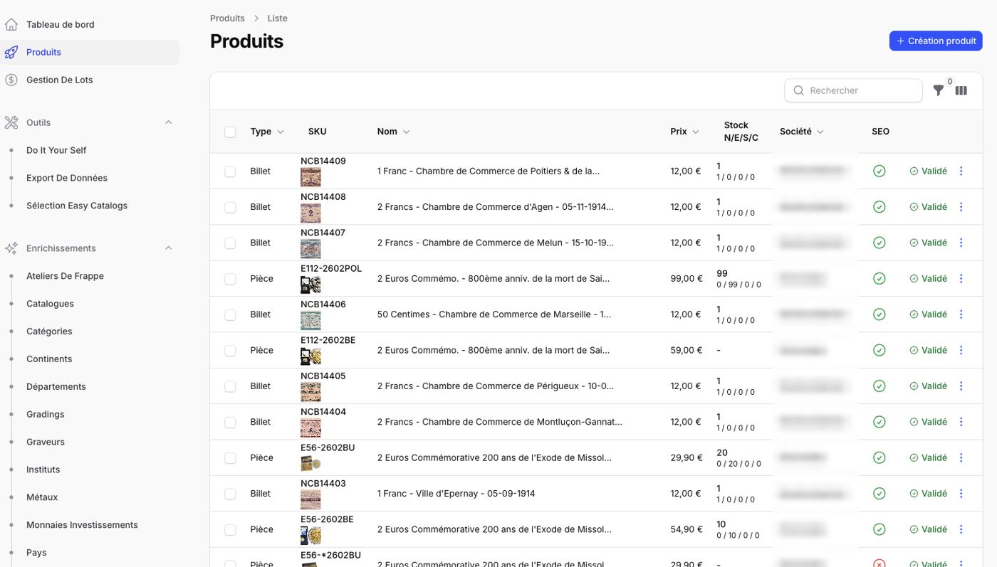 Liste du catalogue produits dans le PIM, avec filtres