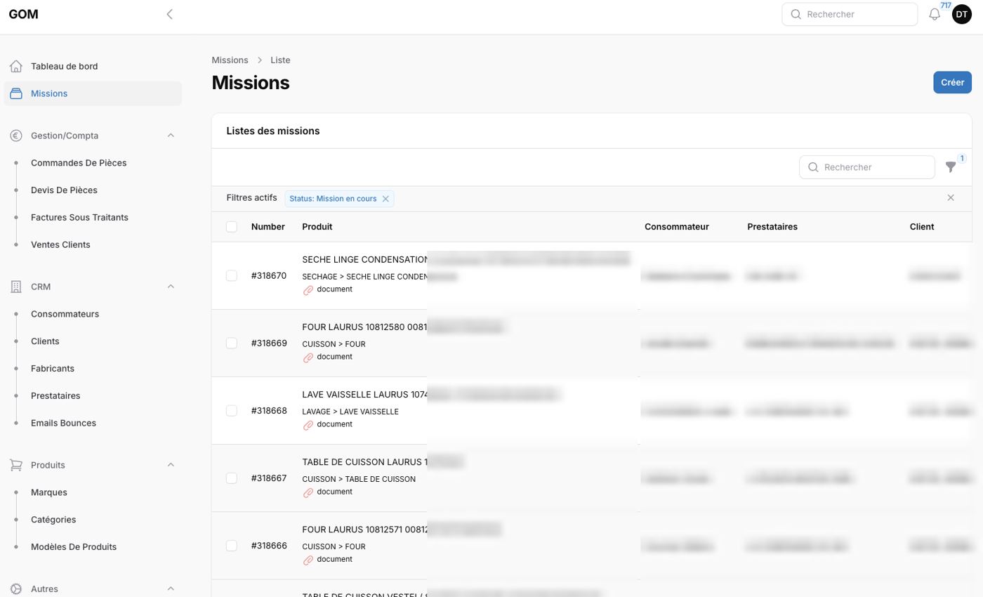Liste des missions SAV dans le back-office