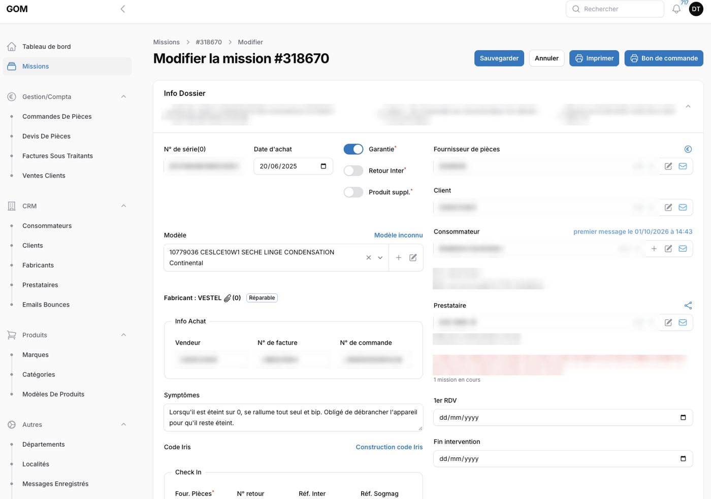 Fiche d'un dossier SAV avec son historique