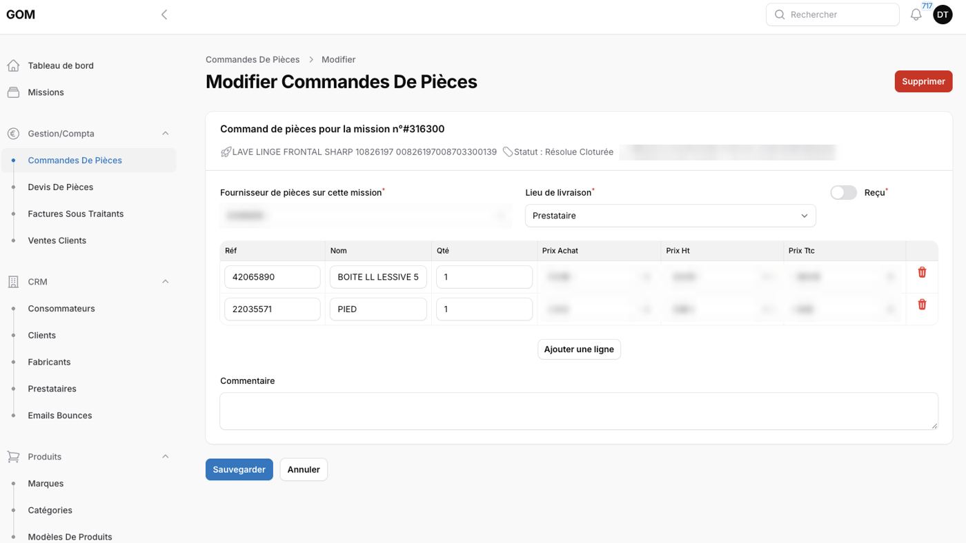 Commande de pièces détachées depuis un dossier SAV
